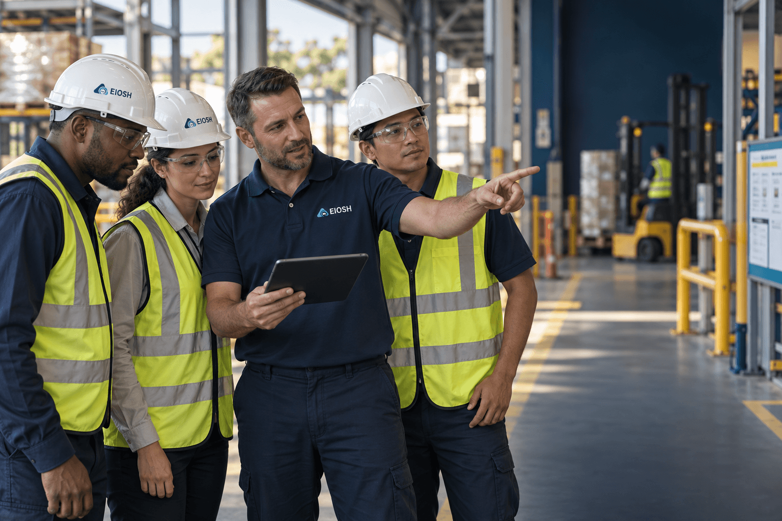 EIOSH-branded instructor coaching a workplace team during an industrial safety walk-through