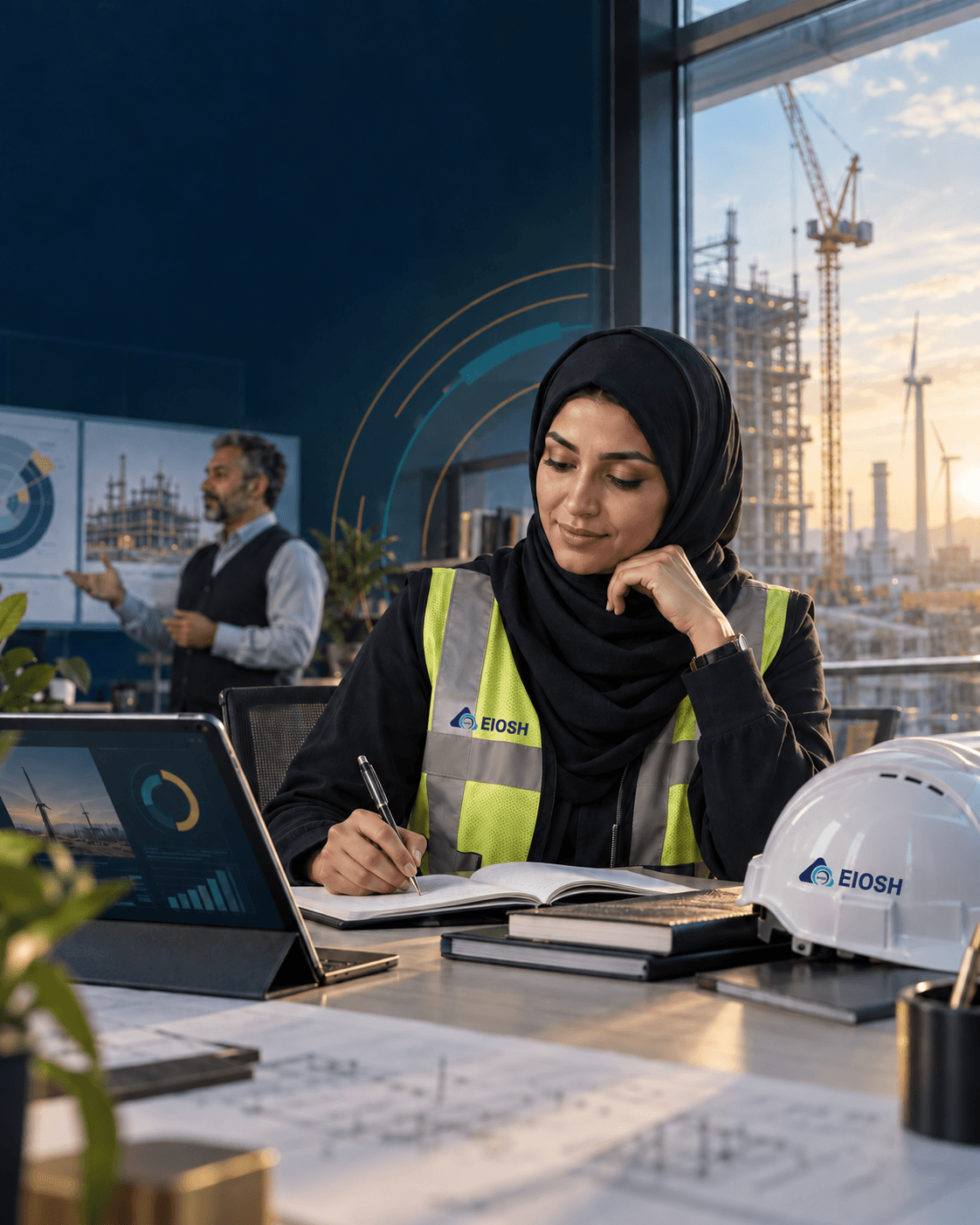 EIOSH learner studying professional safety material with branded protective equipment