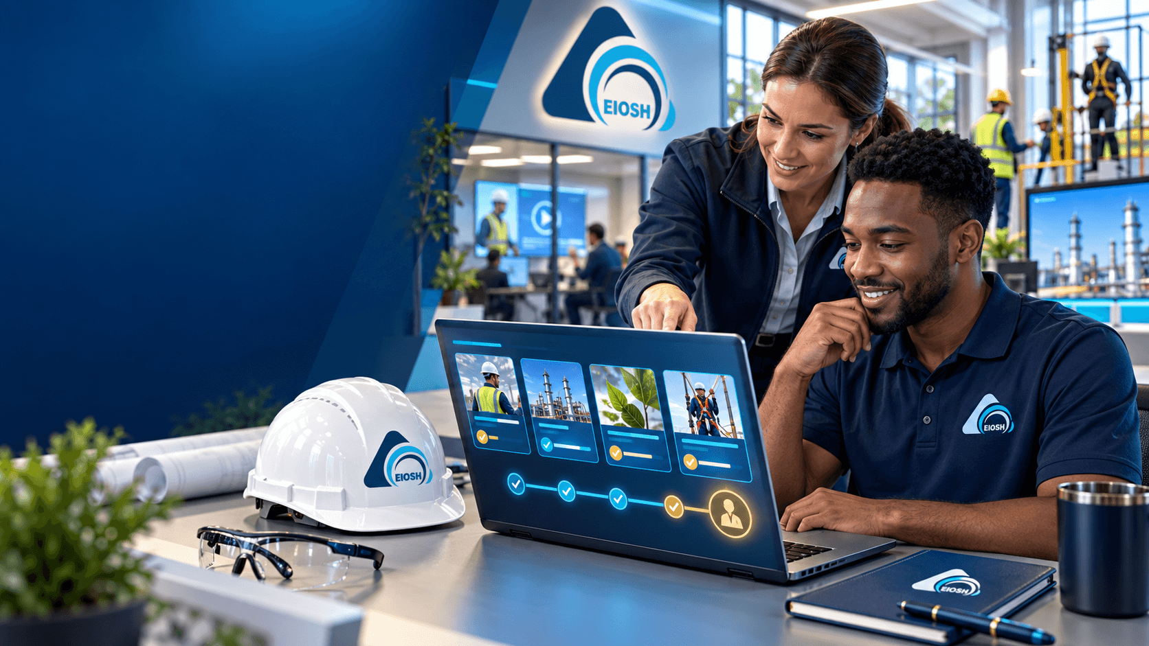 EIOSH-branded learner exploring COSH safety programmes in a modern hybrid learning hub